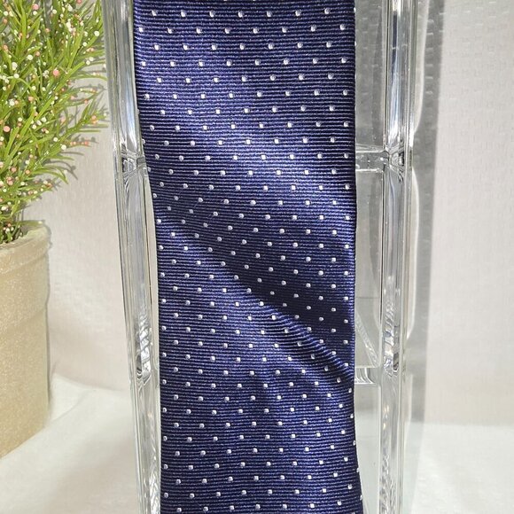 THE TIE BAR NAVY TIE WITH WHITE POLKA DOTS MENS SILK EUC - Picture 4 of 5